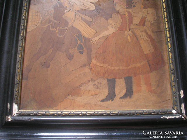 Antik Intarzia berakásos művészi színes lovas kép, ami igen részletgazdag ritkaság 40 x 34 cm