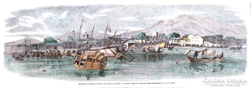 The Illustrated London News, May 8, 1858: Sketches in China - Watercolor Colored Antique Woodcut