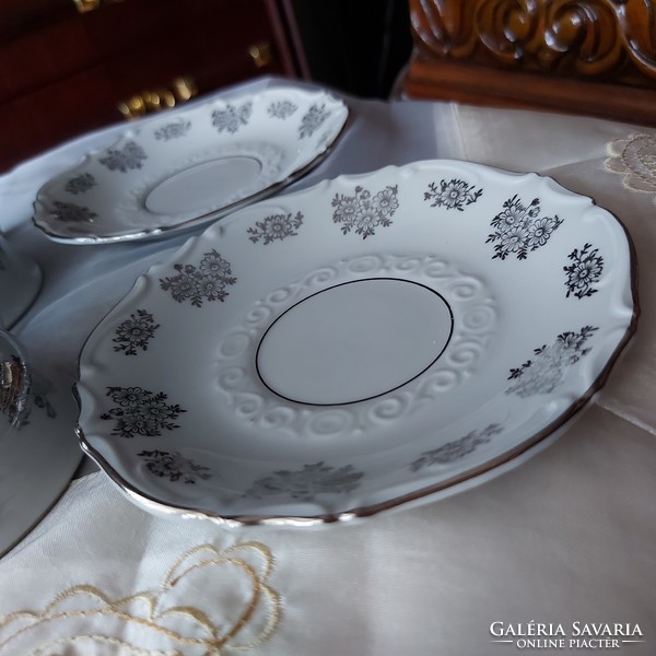 Német porcelán teás készletek, GKC Bavaria, egyedi különleges ezüst mintázattal, hibátlan, jelzett