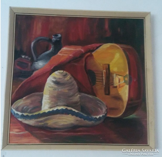Csendélet sombreróval - olaj / vászon festmény - nagyobb méret kb 80 cm x 80 cm