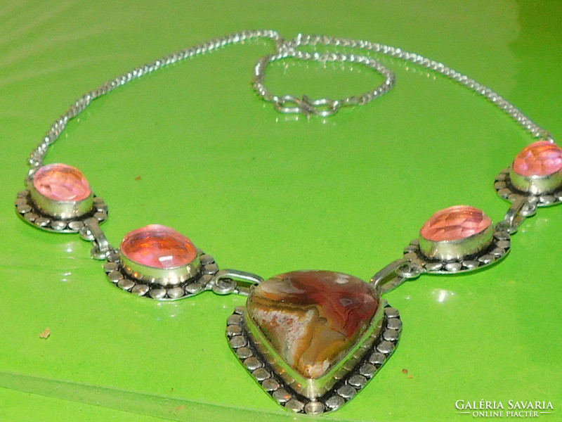 Red agate-pink swarovski crystal necklace