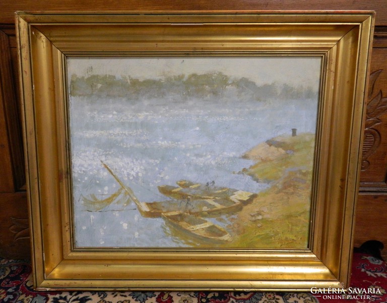 Tóth-B. László (1906 - 1981) Tópart hajókkal festmény