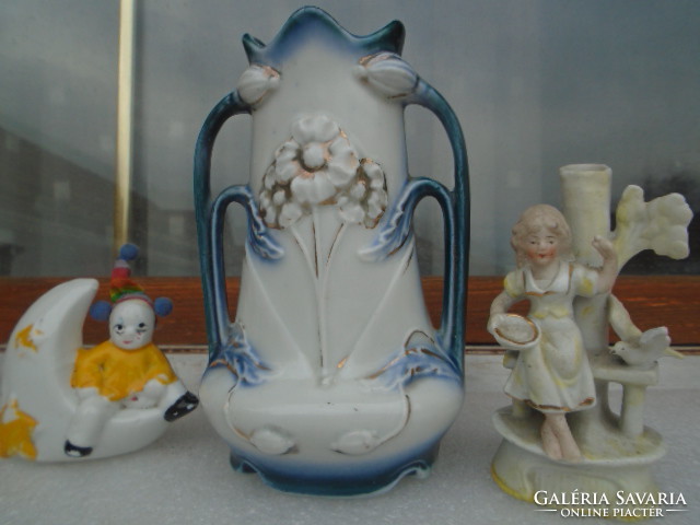3 db gyönyörű porcelán középső, Bécsi szeceszios váza +egy kisebb váza figurás és egy nap bohoc