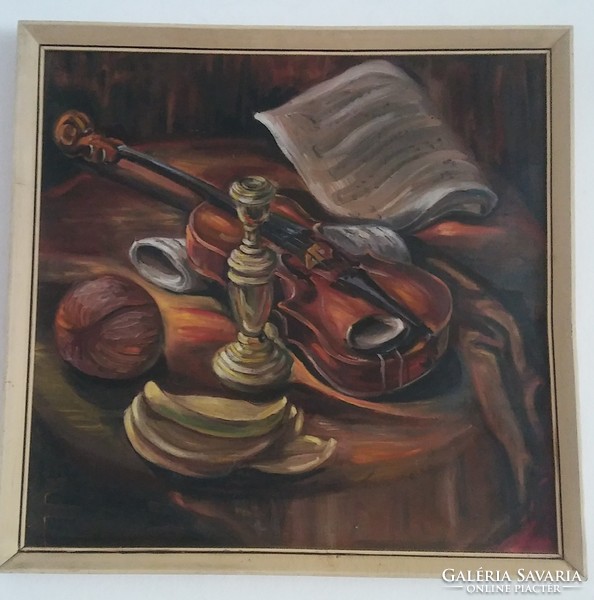 Table still life with violin - oil / canvas painting - larger size approx. 80 cm * 80 cm