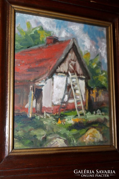 Béla Szamecz _ village house - oil / wood panel painting in thick oak frame