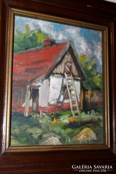 Szamecz Béla _ falusi ház - olaj / falap festmény vastag tölgyfa keretben