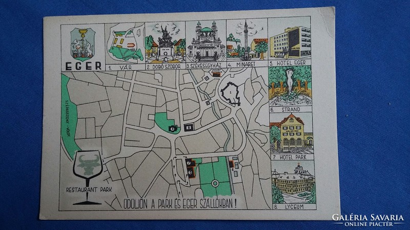 Régi képeslap: rajzos Eger térkép, körben a város nevezetességei