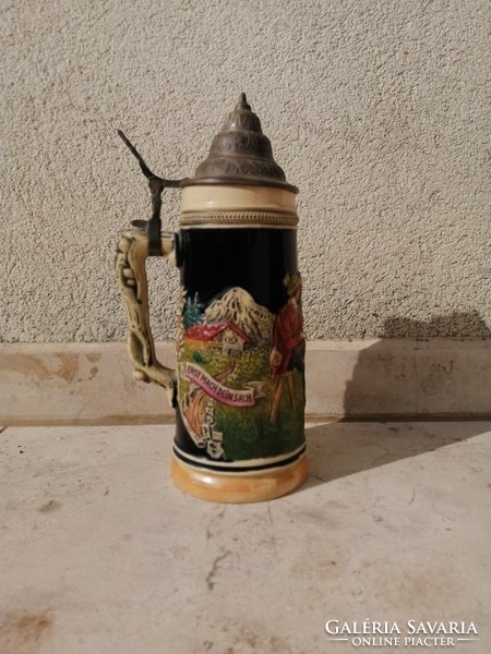 30 cm régi retro német ón fedeles sörös vintage kerámia sörös korsó