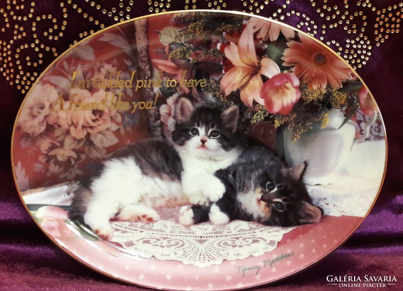 Macskás ovális porcelán tányér, cicás dísztányér 1. (L2061)