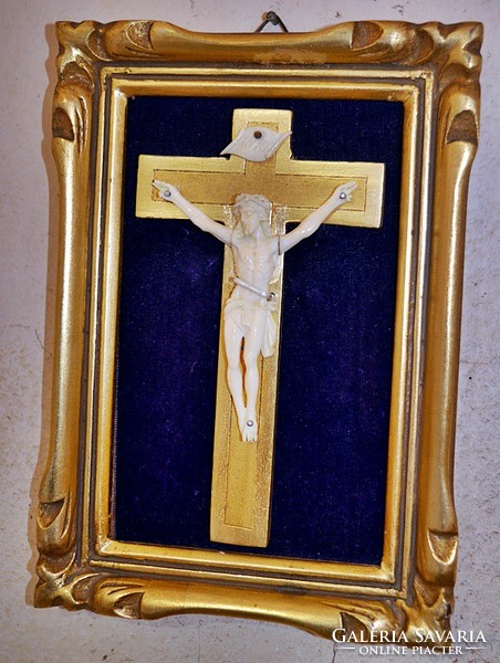 61. Antique bone of Jesus Christ (8.5 Cm), corpus, crucifix, cross, 21 cm wooden frame!