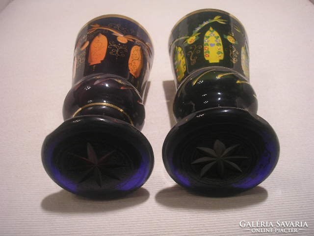 N14 Virintárgy Csodás színvilágú  biedermeier csiszolt aranyozott díszpoharak párban ajándékozhatóan