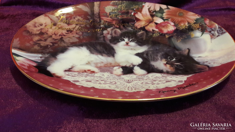 Macskás ovális porcelán tányér, cicás dísztányér 1. (L2061)