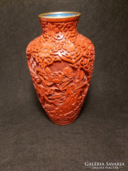 Kínai cinóber vésett lakk váza