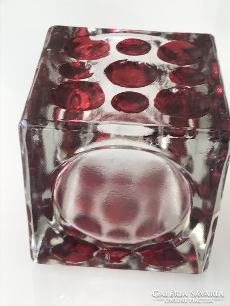 Üvegváza, vastag öntött üveg, festett piros pöttyökkel,  9,5x9,5 cm