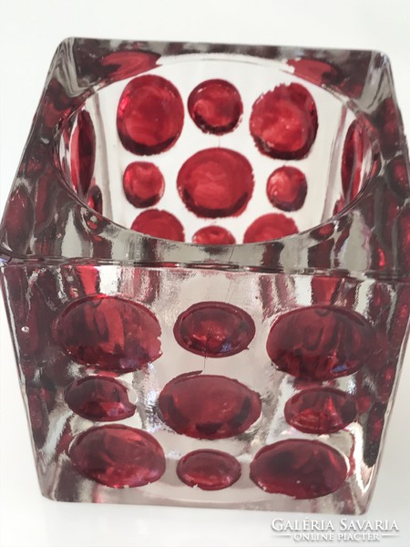Glass vase, thick cast glass, painted with red dots, 9.5x9.5 cm