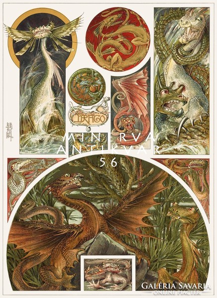 Sárkányok II. A. Seder 1896 szecessziós nyomat reprint, fantasy, mitológia, legenda, kitalált lények