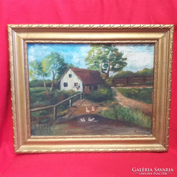 Rural landscape oil canvas painting. Indicated