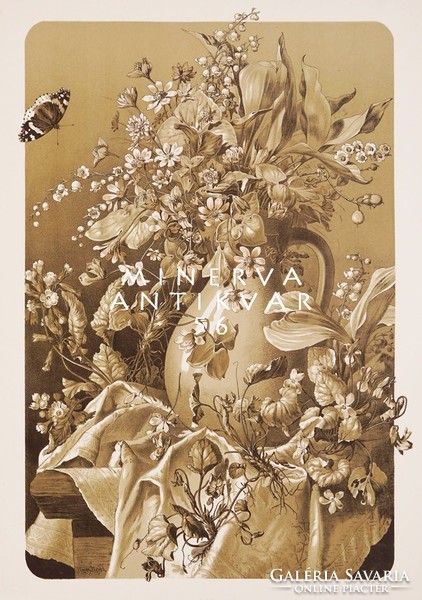 Szépia csendélet asztalon váza virágcsokor lepke A.Seder 1896 szecessziós nyomat reprint nosztalgia