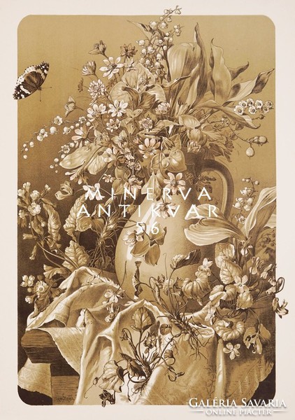 Sepia still life on table with vase bouquet of butterflies.Seder 1896 Art Nouveau print reprint nostalgia