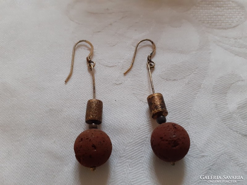 Gold-plated silver handmade earrings with lava stone pearls