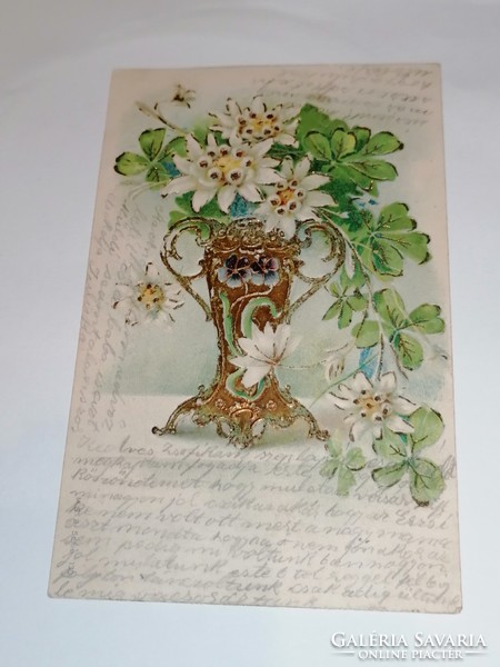 Különleges szépségű, dombornyomott havasigyopáros üdvözlőlap, képeslap. 1905-ben feladva. 83.