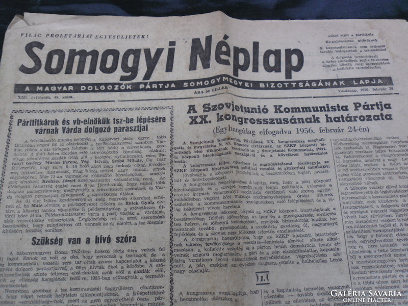1956 edition of Somogy folk newspaper, according to photos, in good condition. Rare.