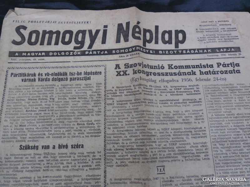 1956-os kiadású Somogyi Néplap, fotók szerinti, szép állapotban.RITKA.
