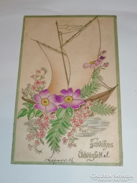 1905-ös rendkívüli szépségű, dombornyomott virágos üdvözlő lap 91.