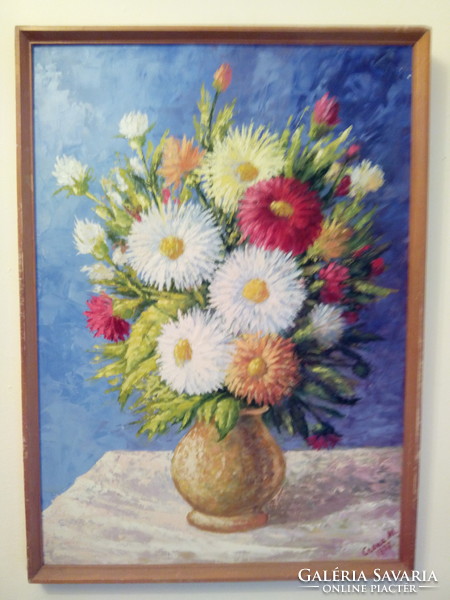 A kiváló ajándék kiváló áron! 70 cm x 50 cm  Czene M. Virág csendélet olaj / farost festmény