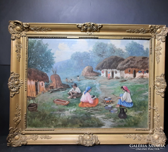 Village life: cooking in a blond frame! (Oil on canvas 60x80 cm, kassay paál, rural, homestead)
