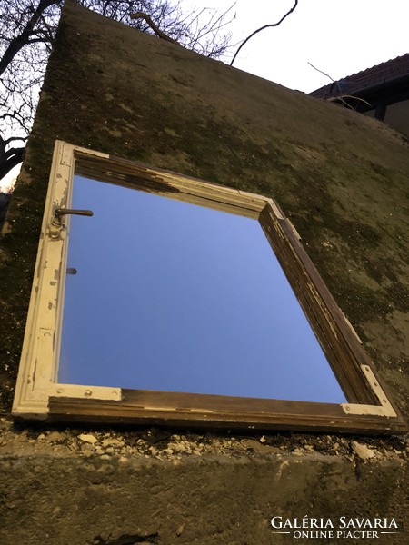 Old window frame mirror with copper handle