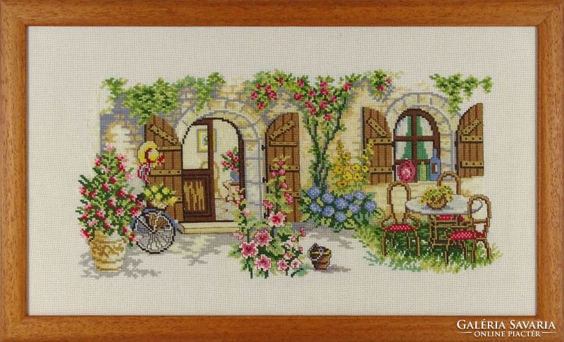 1H099 geranium porch framed needlework tapestry 30 x 49 cm