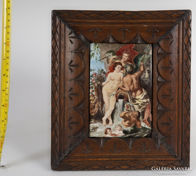 Painted porcelain picture in carved wooden frame