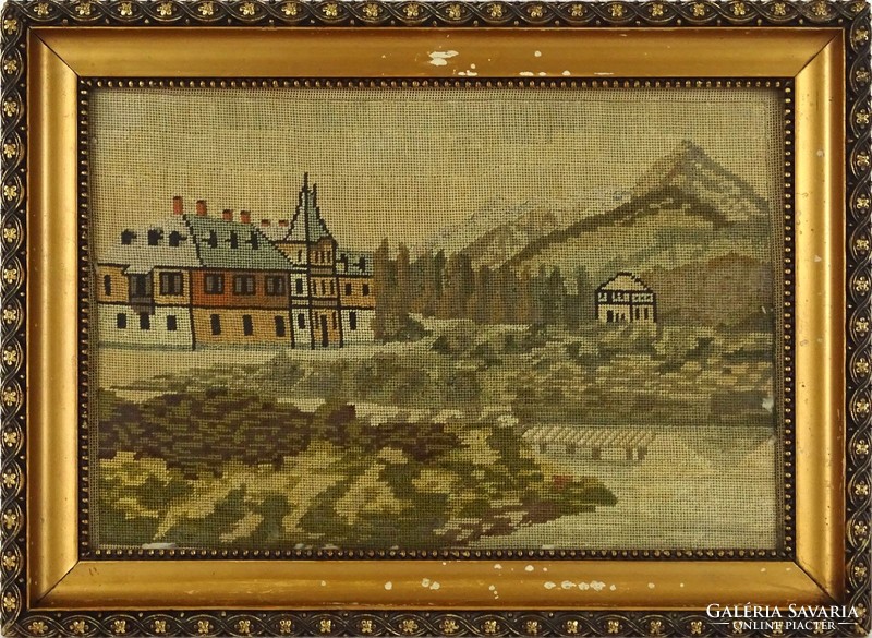1H093 old framed needle tapestry mountain waterfront house