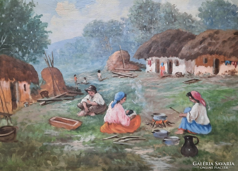 Village life: cooking in a blond frame! (Oil on canvas 60x80 cm, kassay paál, rural, homestead)