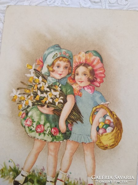 Antique graphic Easter children's motif postcard with kids, hyacinths, eggs 1929