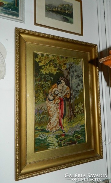Huge romantic needle tapestry in antique frame