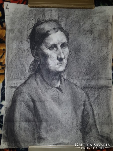 Female portrait of Aurél Bernáth, charcoal drawing