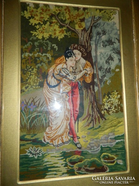 Huge romantic needle tapestry in antique frame