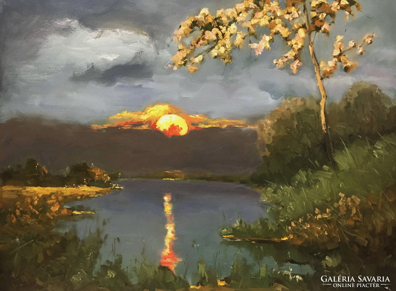 László Tokaji: sunset, oil painting