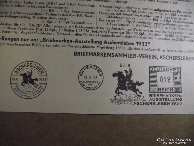 BRIEFMARKENAUSSTELLUNG 1933 ASCHERSLEBEN bélyegív, sorszámozott emléklappal, Ritkaság