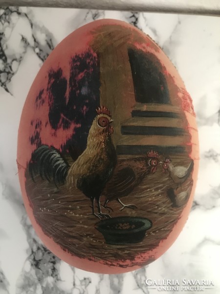 Viktoriánus papírmasé cukortartó tojás festett kakas mintával