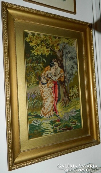 Huge romantic needle tapestry in antique frame