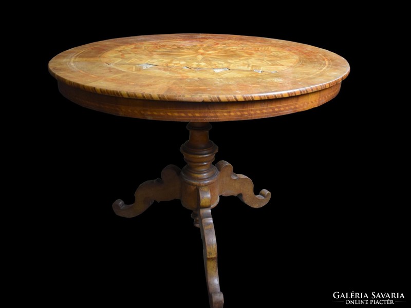 Three-legged, inlaid, round table