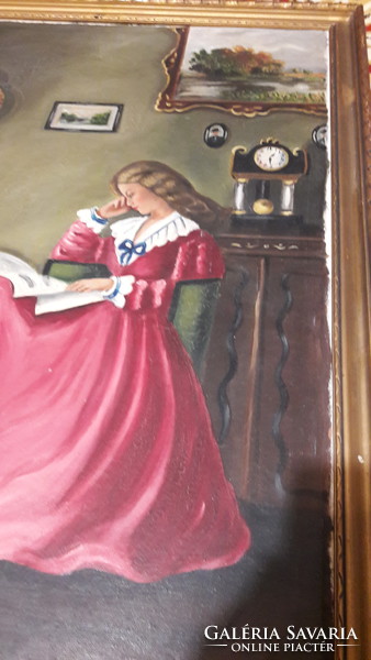 Olvasó lány enteriőrben festmény, kép (M2075)