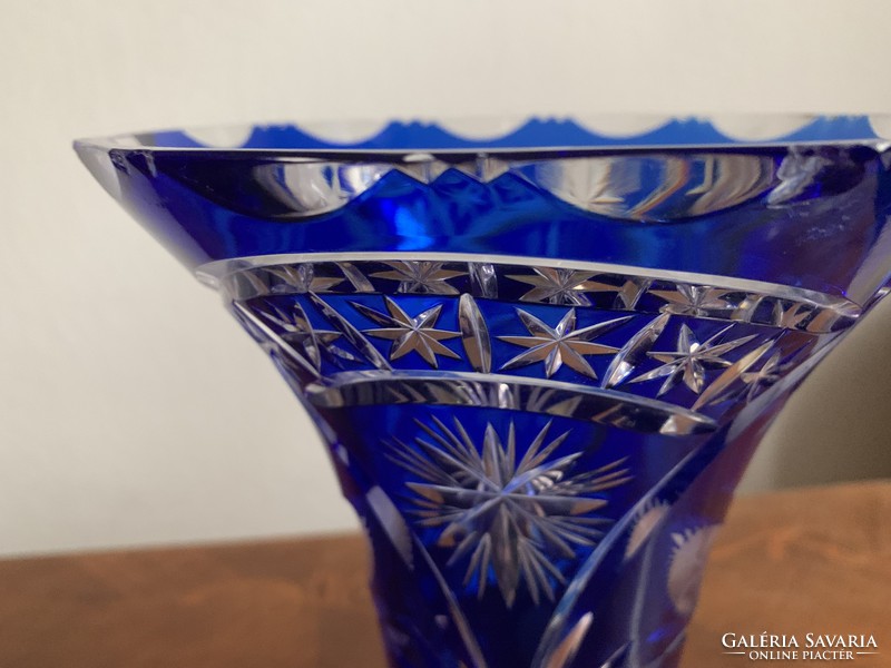 Cut and polished blue glass vase with silver base