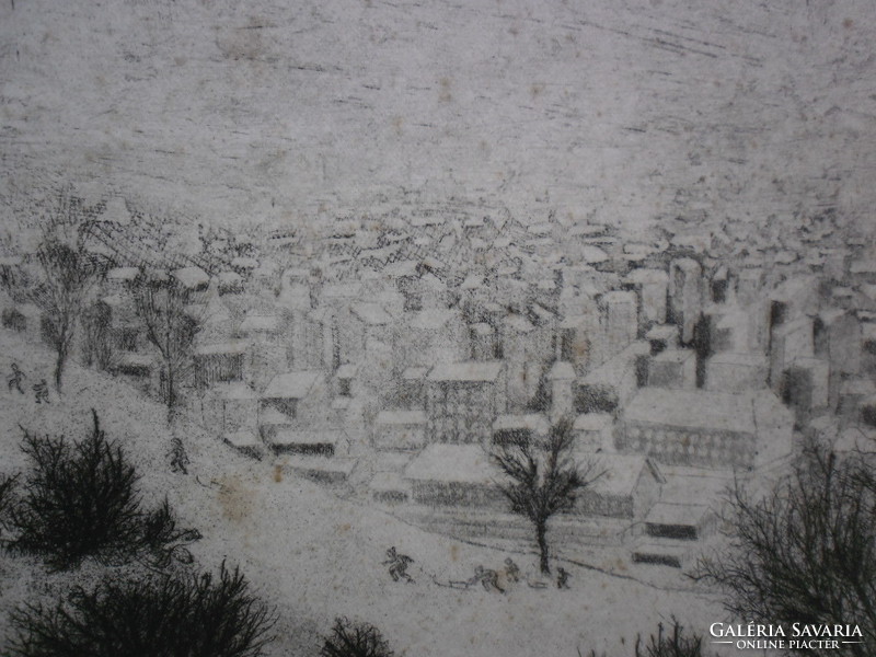 Engraving of György Szennik (1923-2007) winter landscape from 1966. With frame, as in photos
