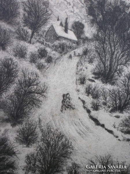 Engraving of György Szennik (1923-2007) winter landscape from 1966. With frame, as in photos