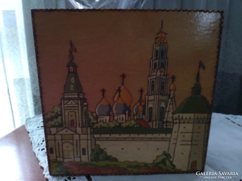 Colorful carved, colorful painted Russian wooden box