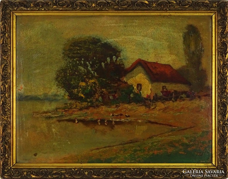 1H130 xx. Century Hungarian painter: waterfront farm